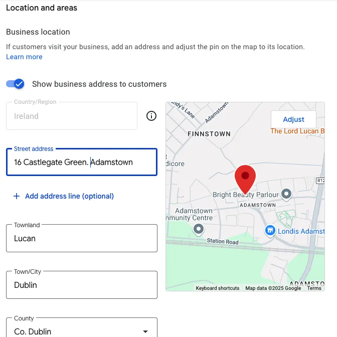 Google Business Profile interface showing a physical address form and map with a business pin location.