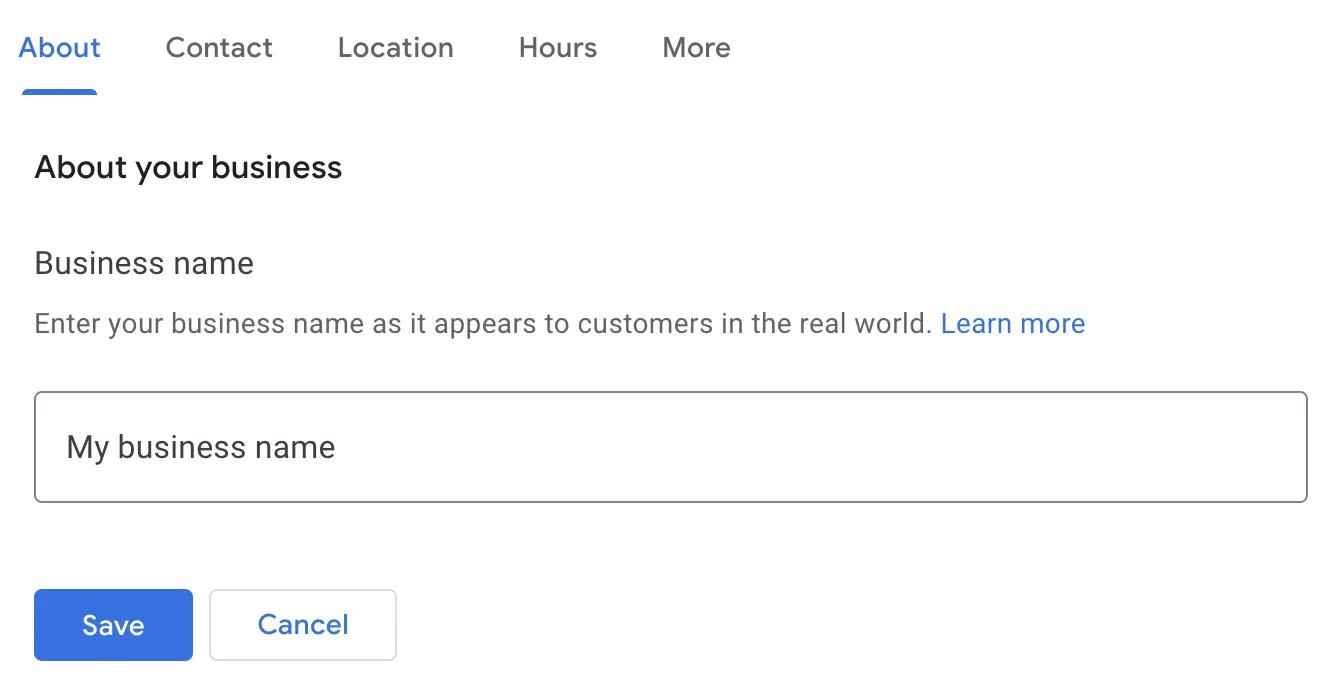 Google Business Profile form showing the field to enter and save your business name.