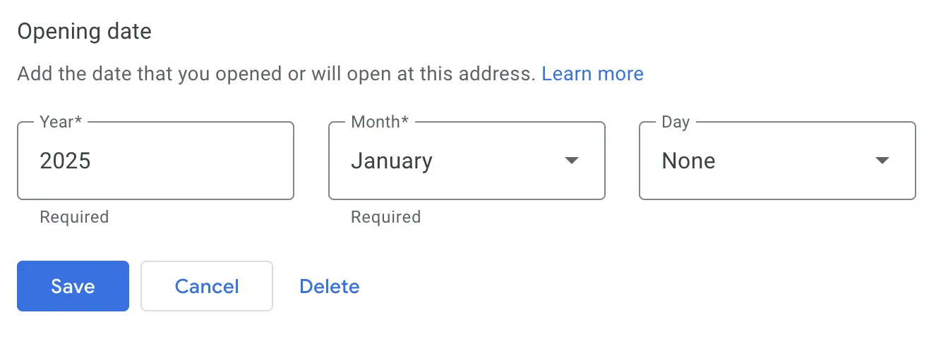 Google Business Profile interface showing fields to enter business opening year, month, and day.