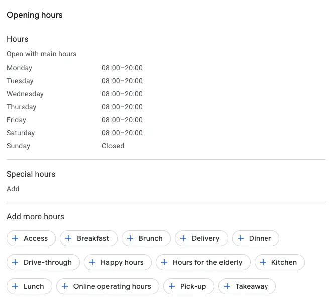 Google Business Profile interface showing opening hours, special hours, and additional hour categories like delivery, pickup, and lunch.