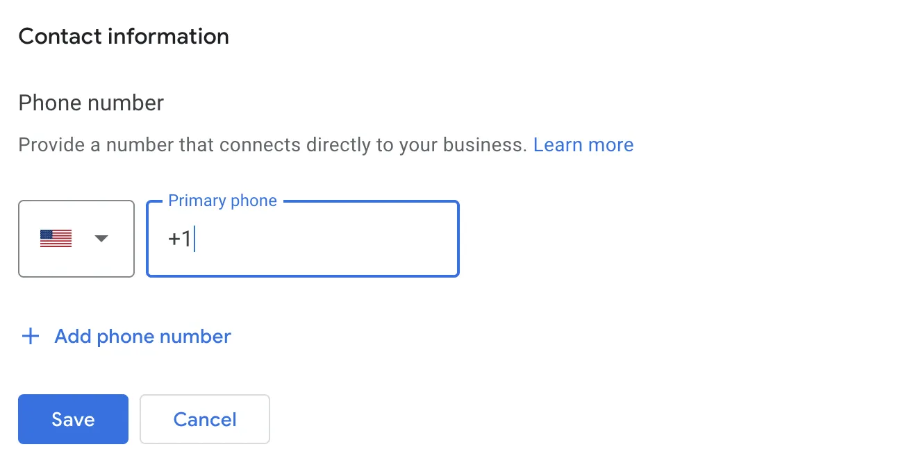 Google Business Profile screen showing a form to add a primary phone number and optional additional numbers.