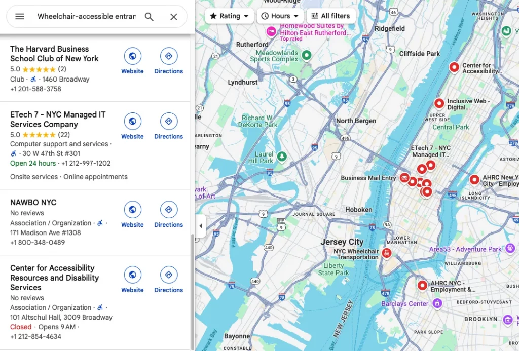 Google Maps search showing businesses with wheelchair-accessible entrances highlighted on listings and map