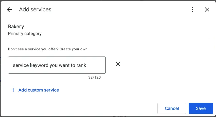 add keyword to custom service in Google Business Profile