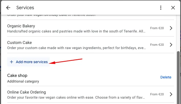 Google Business Profile add more services button
