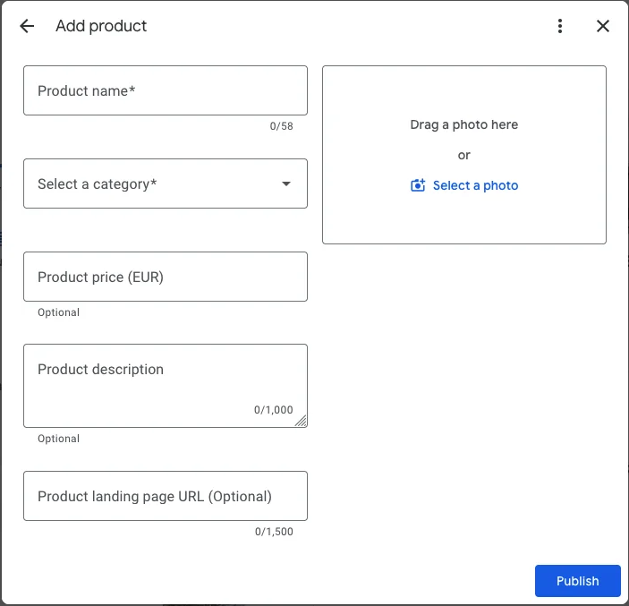 Google Business Profile add product details screen showing fields for name, category, price, description, and image