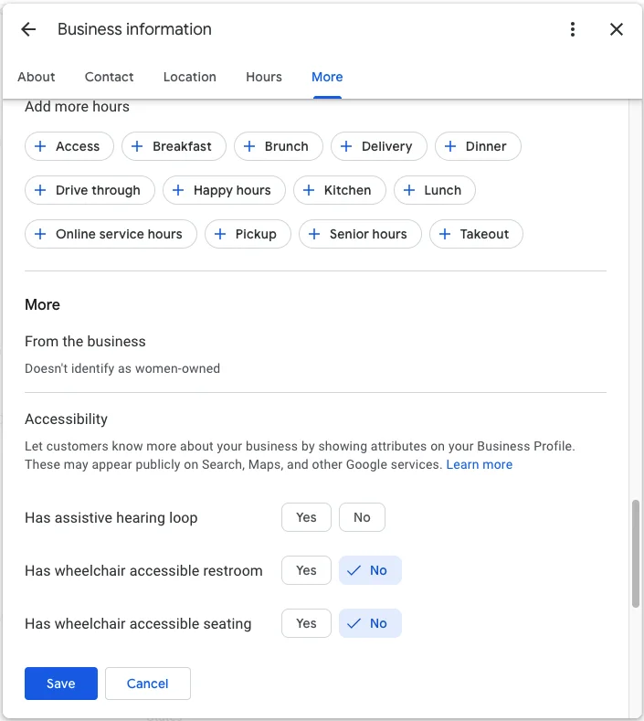 Google Business Profile attributes edit screen showing accessibility attributes options