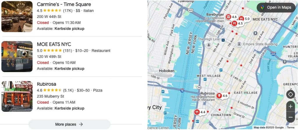Google Business Profile search results showing attributes like curbside pickup with map locations