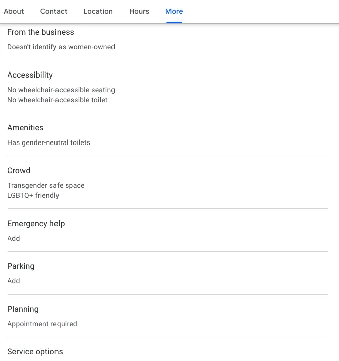 Google Business Profile interface showing attribute options like accessibility, amenities, crowd safety, parking, and planning.