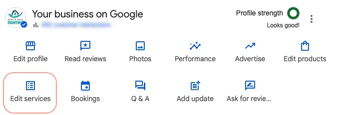 Google Business Profile dashboard showing edit services option highlighted for managing suggested services