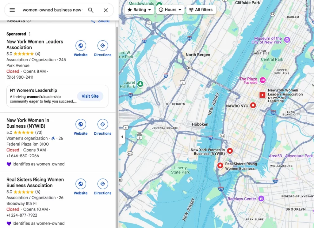 Google Maps search showing women-owned businesses highlighted with identity attributes