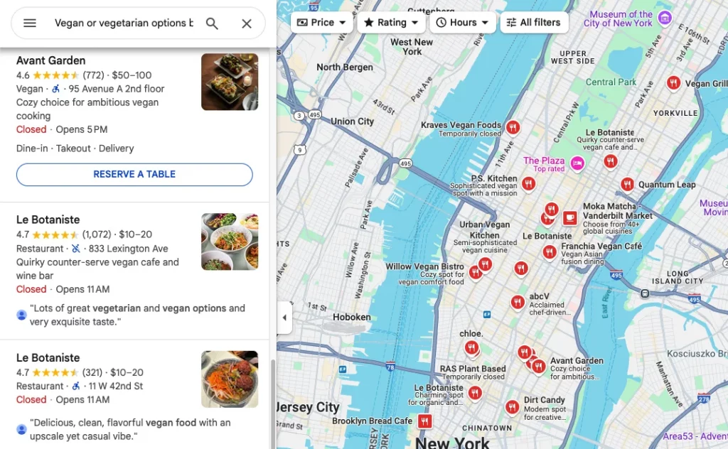 Google Maps search showing restaurants with offerings and amenities like vegan options displayed on listings and map