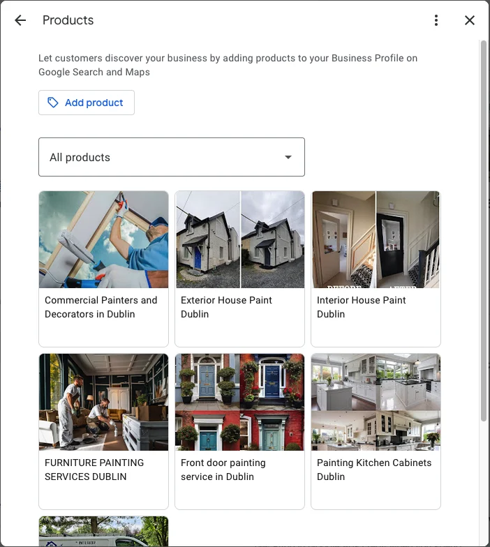 Google Business Profile products section for Dublin Deco Painting showing visual product listings