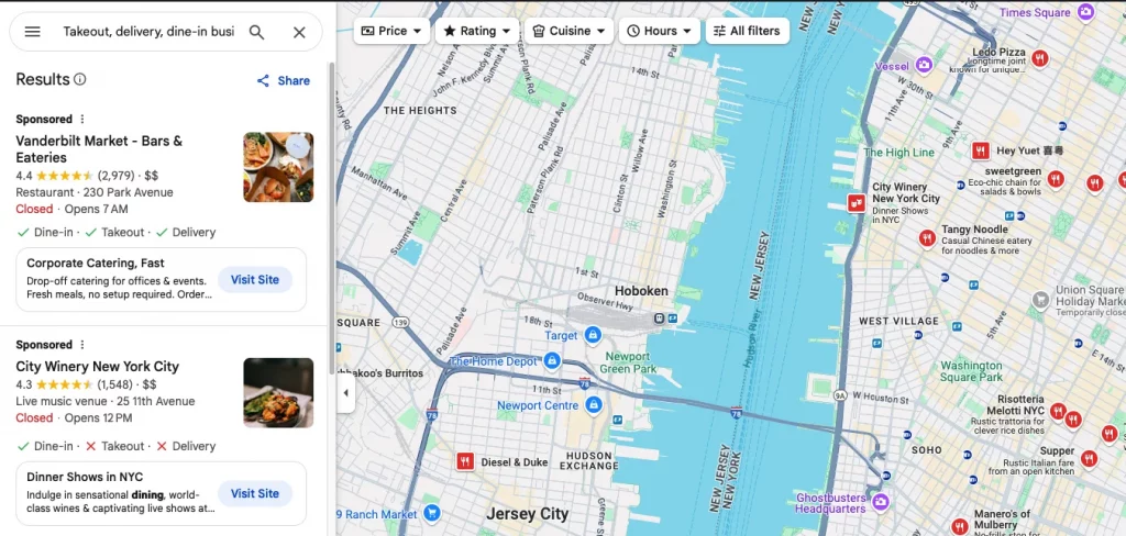 Google Maps search showing businesses with service and dining attributes like takeout, delivery, and dine-in