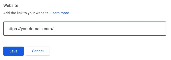Google Business Profile interface showing the field to add a website URL.