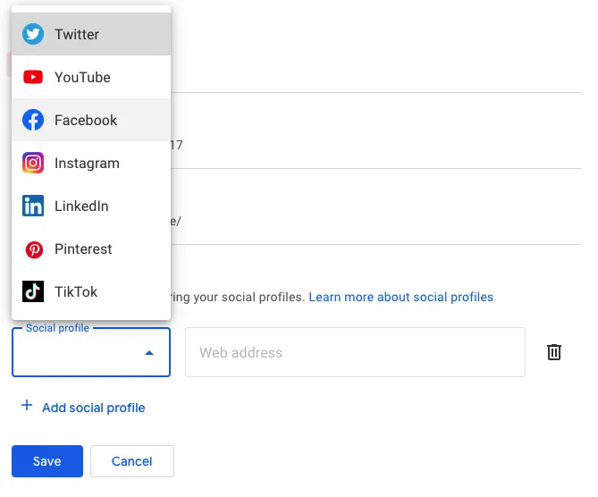 Google Business Profile interface showing a dropdown to select and add social media links like Facebook, Instagram, LinkedIn, TikTok, and X (formerly Twitter).