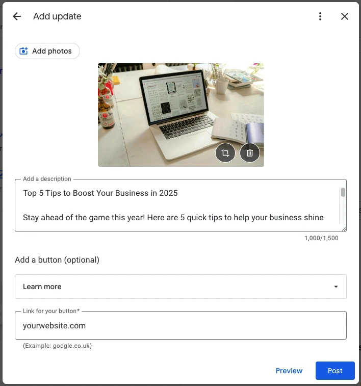 Google Business Profile post showing a 'What’s New' update with a Learn More CTA button