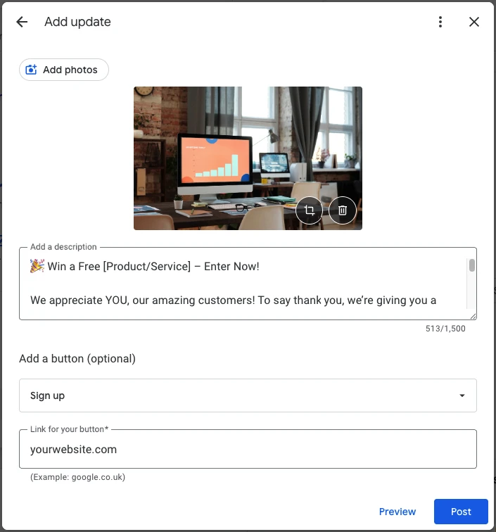 Google Business Profile event post with a giveaway promotion and Sign Up button