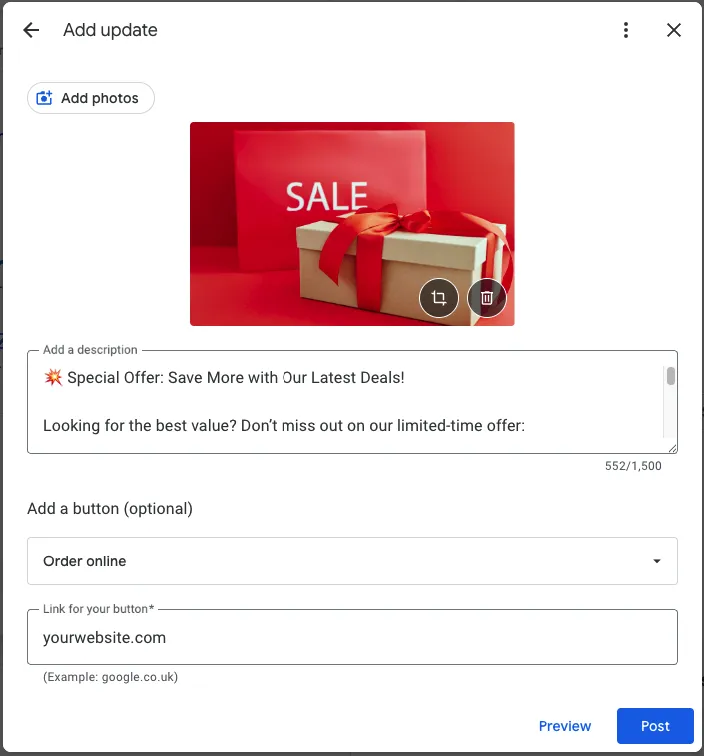 Google Post promoting a special offer with a SALE banner and gift box on a red background, featuring order online CTA