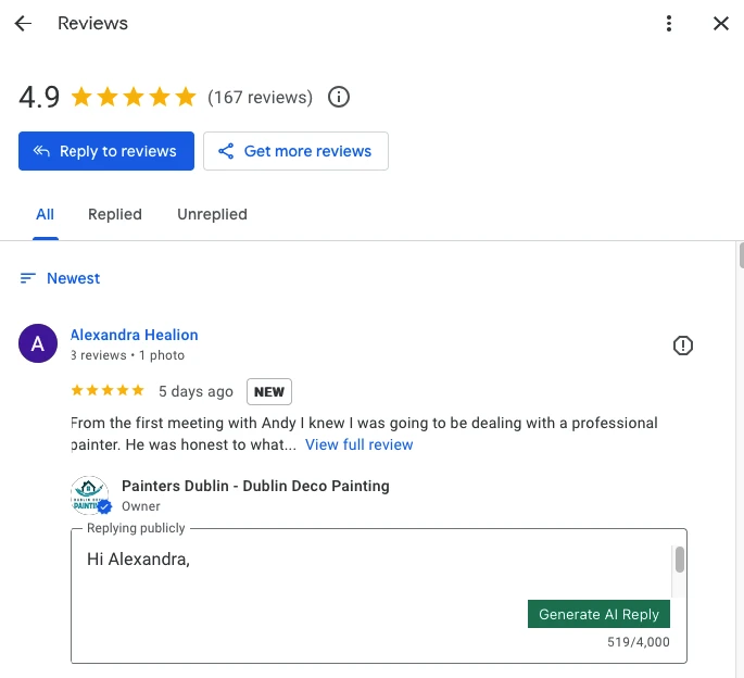 Business owner using AI tool to reply to a customer review on Google