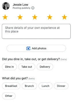 Google review screen showing star rating, photo upload, and optional question prompts