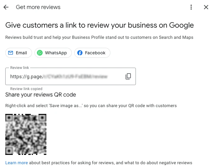 Google Business Profile interface showing review link and QR code for collecting customer reviews
