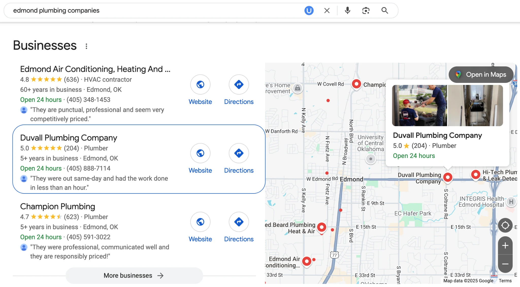 Google local results for Edmond plumbing companies with ratings and reviews