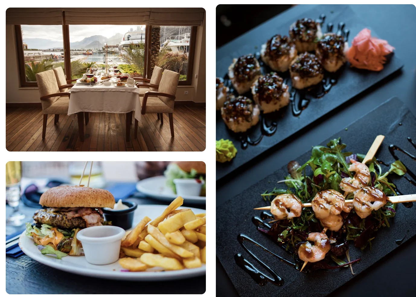 Restaurant dishes including gourmet sushi, grilled shrimp, and burger with fries for Google Business Photos