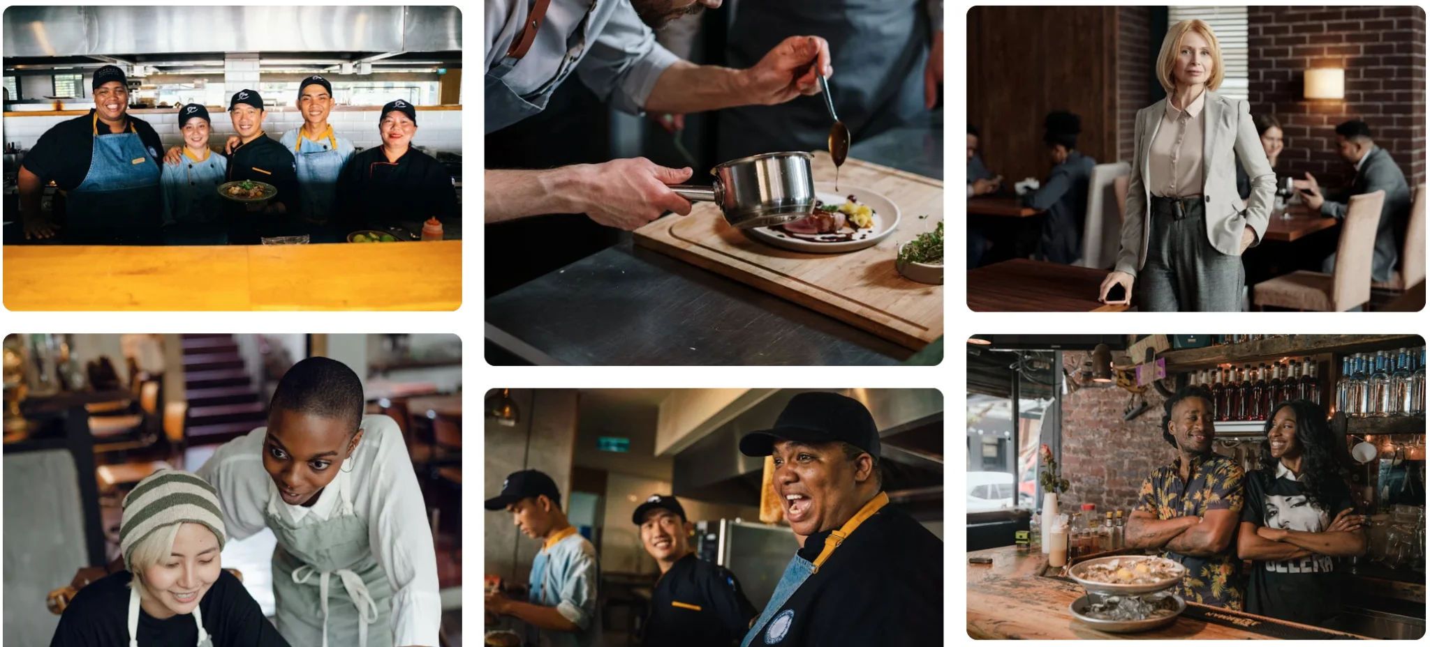 Restaurant staff cooking, serving, and interacting with customers for team photos on Google Business Photos