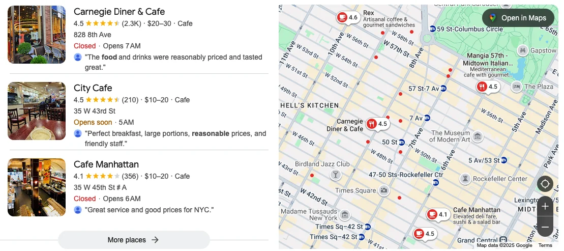 Google Business photos listings of NYC cafes with map showing locations for better profile photos