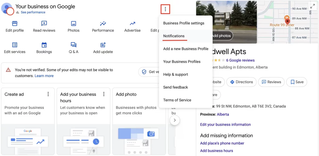 Google Business Profile Manager interface with three-dot menu expanded showing notification settings