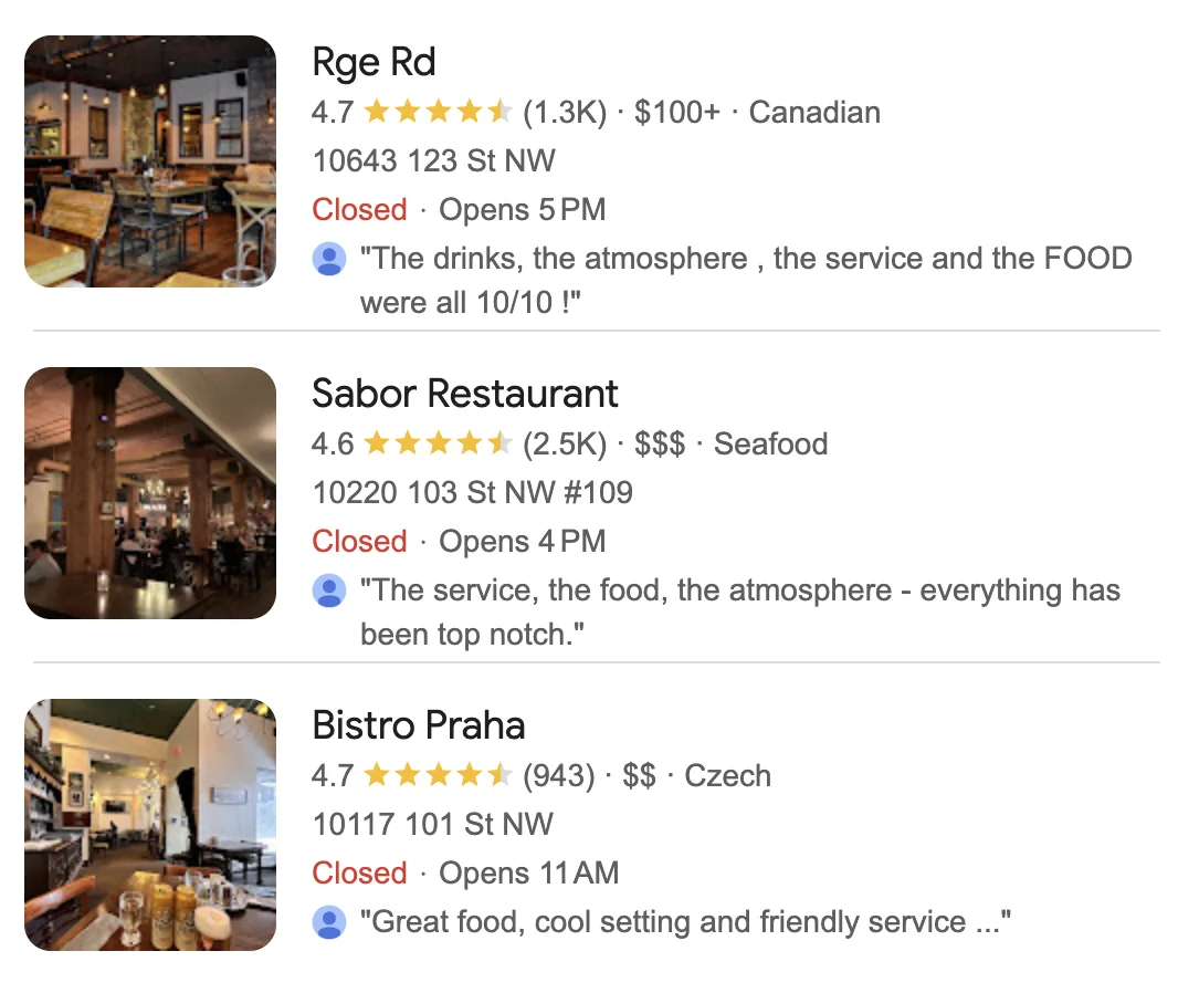 Google Business photos in restaurant listings with ratings and reviews showing why photos matter for local SEO
