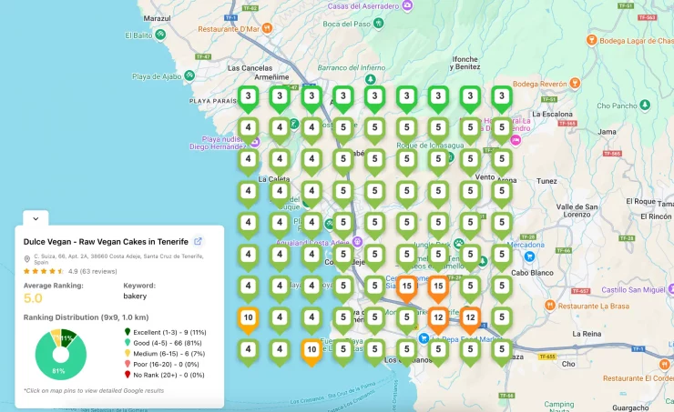 Local Ranking Grid in GTrack – Strong Localo Alternative for SEO Ranking grid map of vegan cake bakery performance in GTrack as a localo alternative