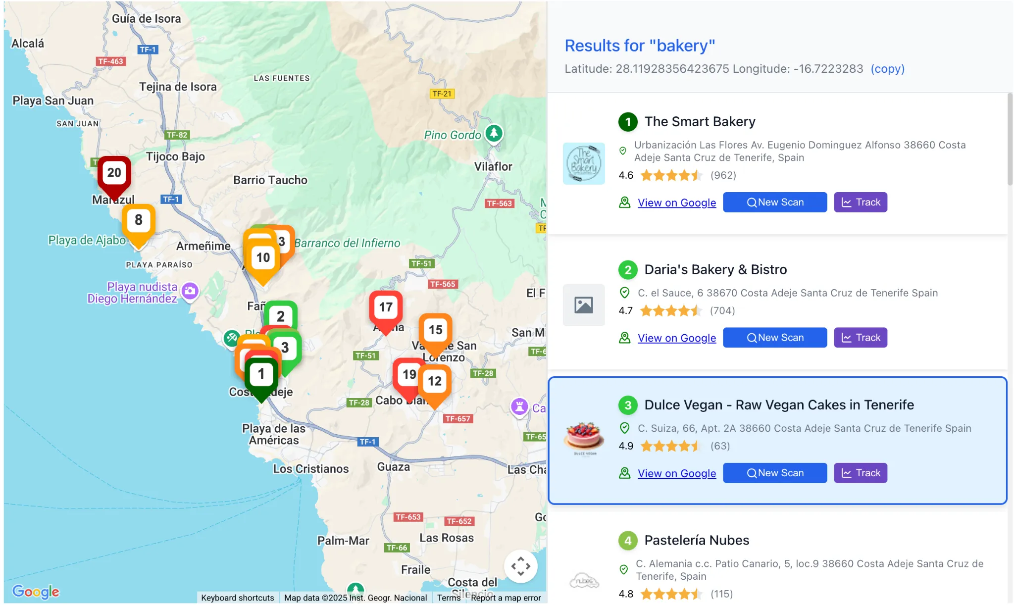 GTrack vs Local Ranking: Best Local Rank Tracker Alternative for Local SEO 3 Bakery rankings map and search results in GTrack, Local Ranking alternative