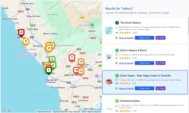 bakery-se-ranking-map-gtrack-local-ranking-alternative Map of bakery rankings in GTrack showing SE Ranking alternative results in Tenerife