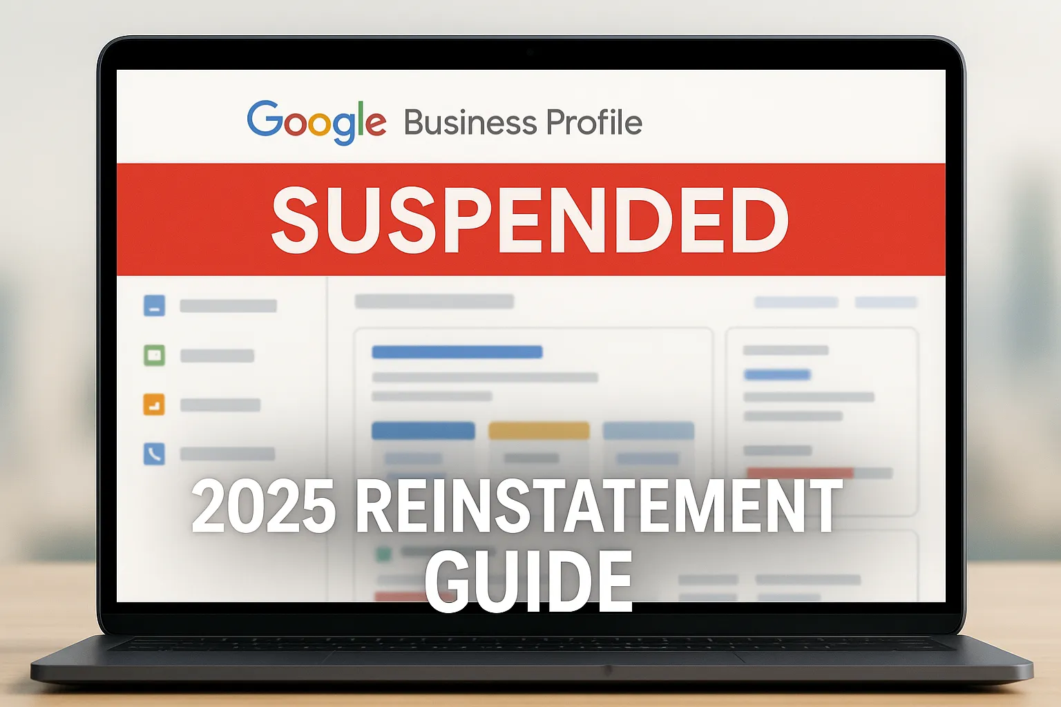 laptop screen showing a “Google Business Profile suspended” notice with text “2025 reinstatement guide”
