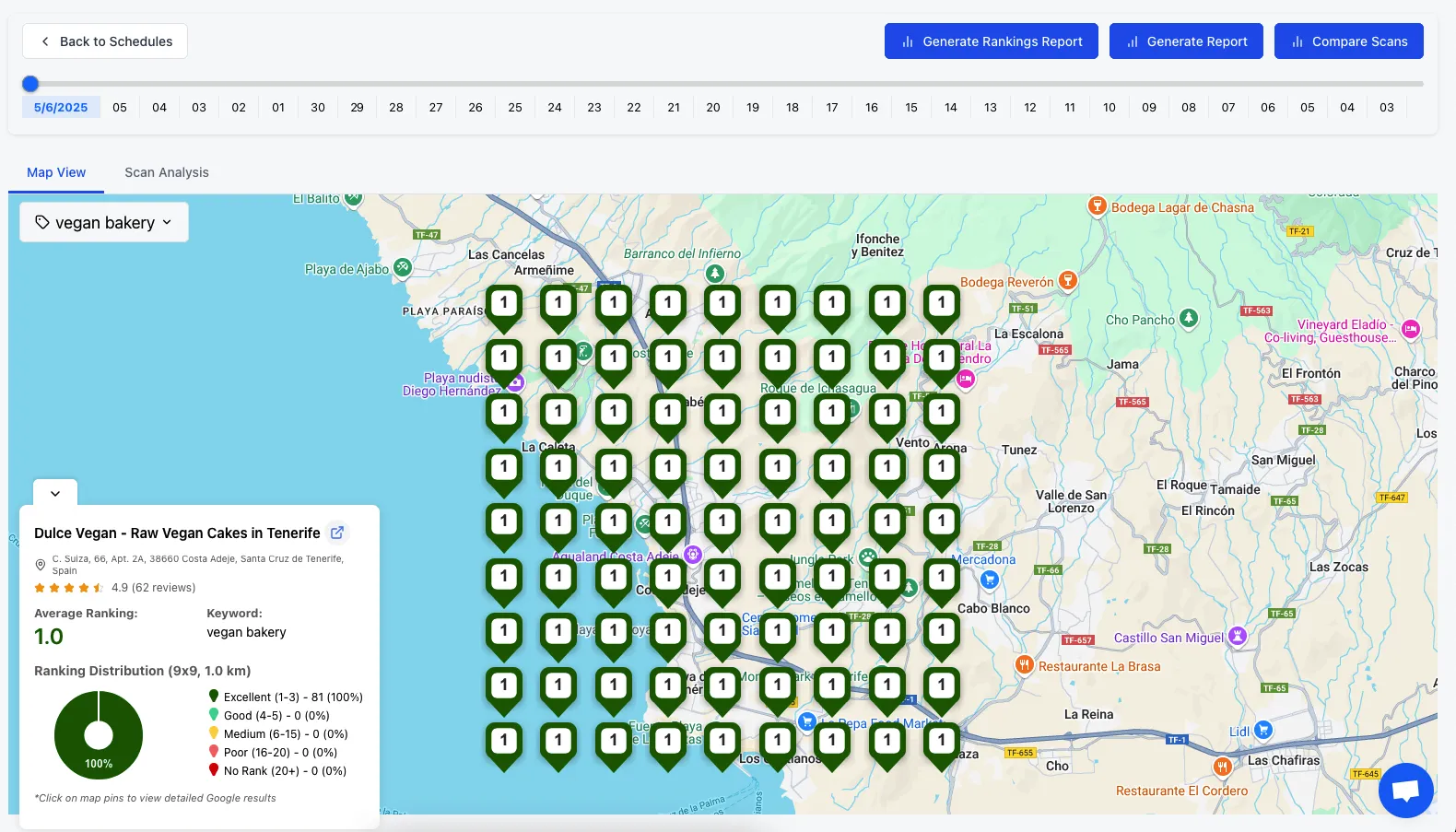 GTrack vs Local Ranking: Best Local Rank Tracker Alternative for Local SEO 2 GTrack ranking grid view showing full map coverage for bakery keyword, Local Ranking alternative