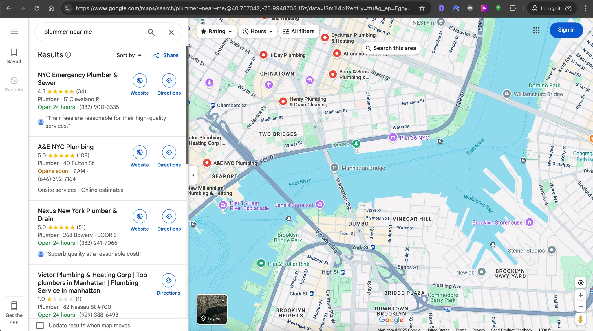 plumber listings on Google Maps NYC