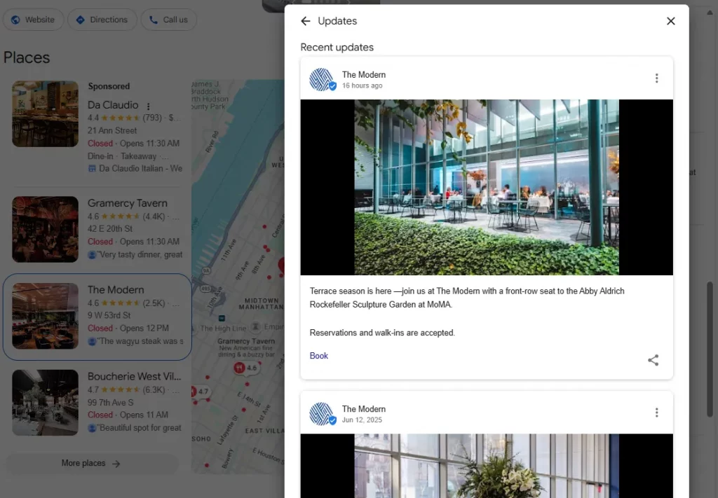 Google Business Profile desktop view in Local Finder showing posts in the Updates section
