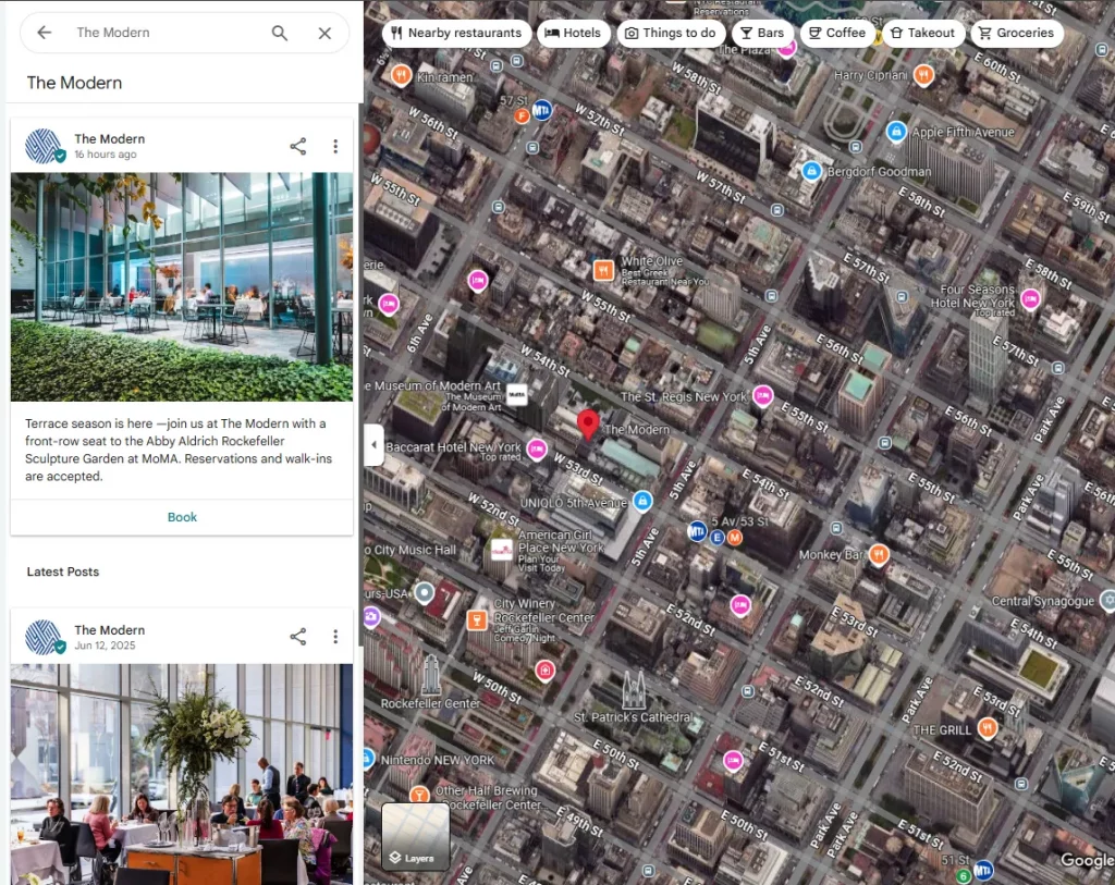 Google Maps app showing a business profile with updates section displaying recent posts
