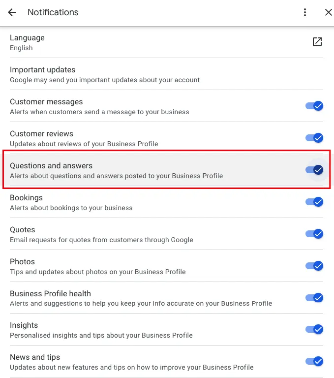 Screenshot of Google Business Profile notifications settings with Questions and Answers alerts enabled