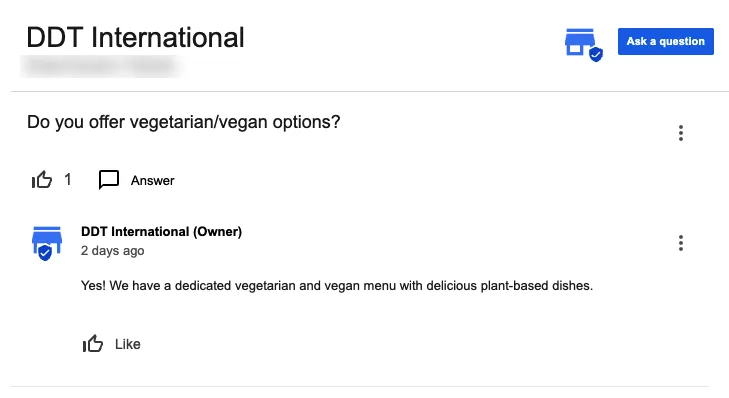 Screenshot of a Google Q&A example with a preloaded FAQ about vegetarian and vegan options answered by the business owner