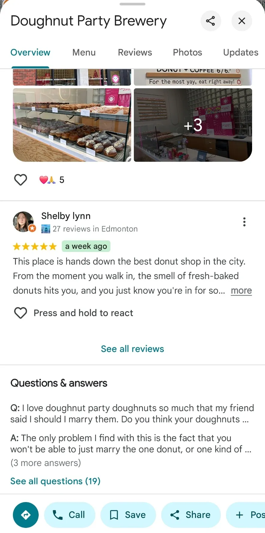Screenshot of Google Q&A section with customer question and answer