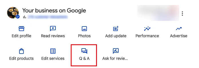 Screenshot of Google Business Profile dashboard highlighting the Q&A option for managing customer questions