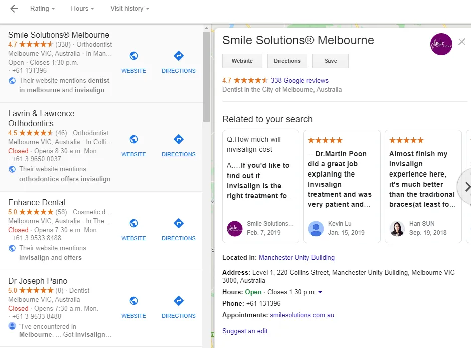 Google Business Profile example with detailed information, reviews, and related searches