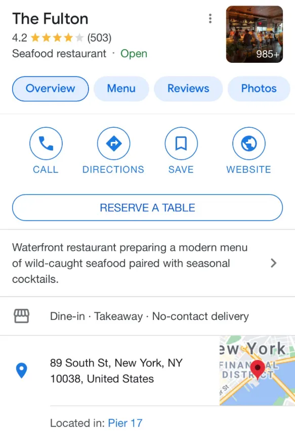Google Business Profile with booking button and business details for a restaurant