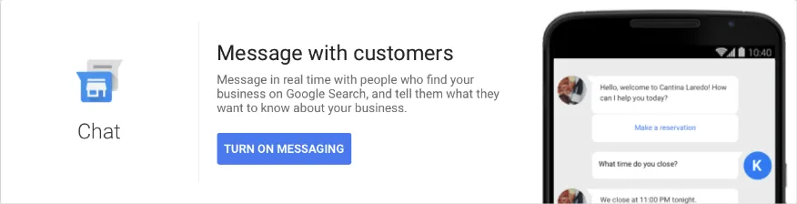 Google Business Profile messaging feature with chat interface for real-time communication