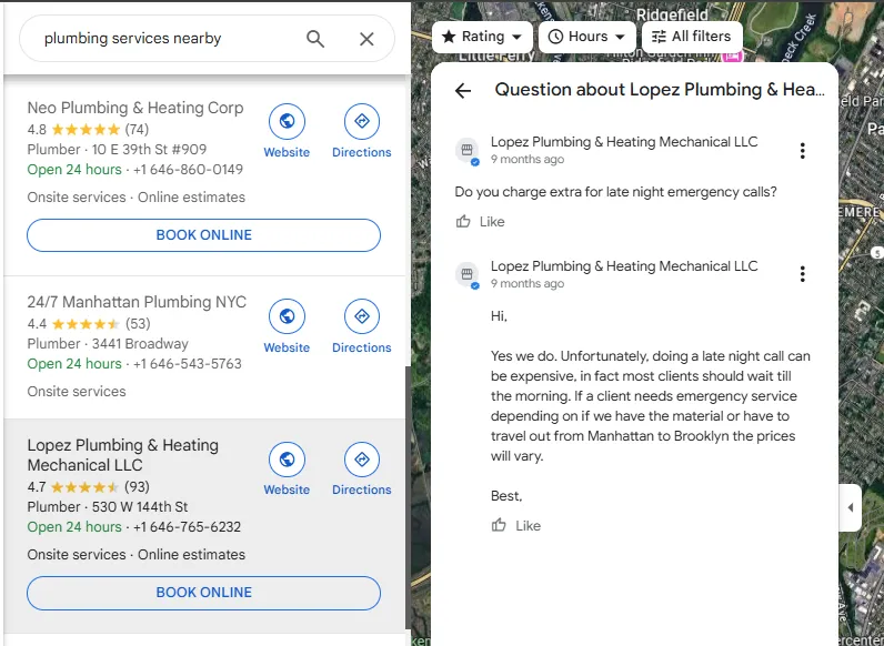 Google Business Profile Q&A section showing customer question and owner’s detailed response