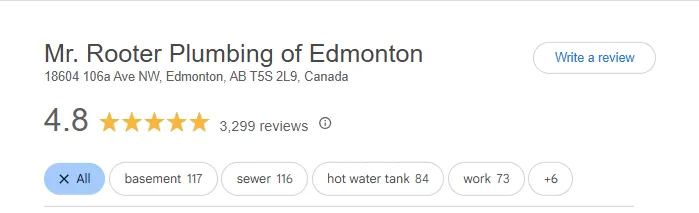 Google Business Profile showing star ratings, number of reviews, and keywords related to services