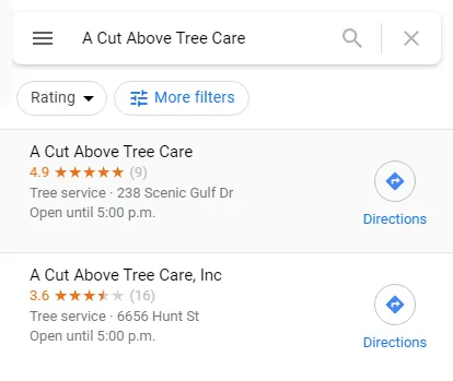 Google Business Profile showing duplicate business listings for "A Cut Above Tree Care" with different ratings and addresses.