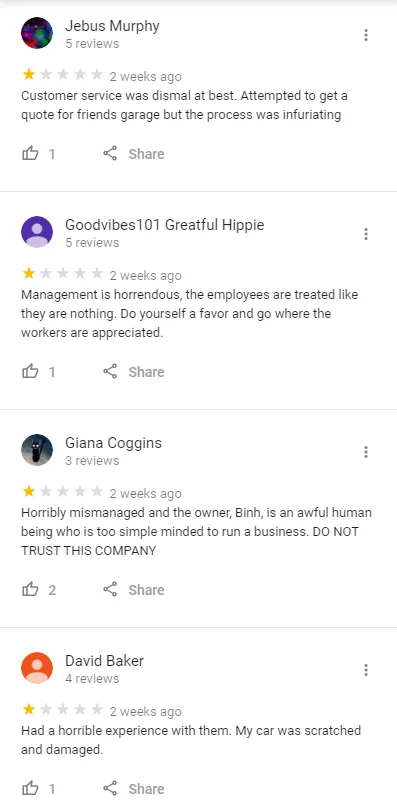 Screenshot of multiple one-star Google reviews posted within two weeks, illustrating review spam for a business